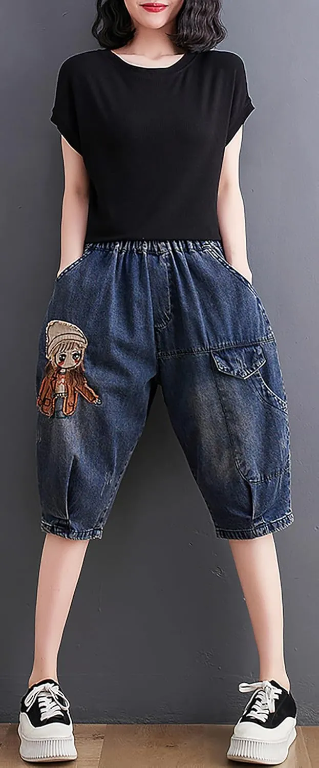LAI MENG FIVE CATS Women Denim Harem Pants Loose Jeans with Elastic Waist with Pocket