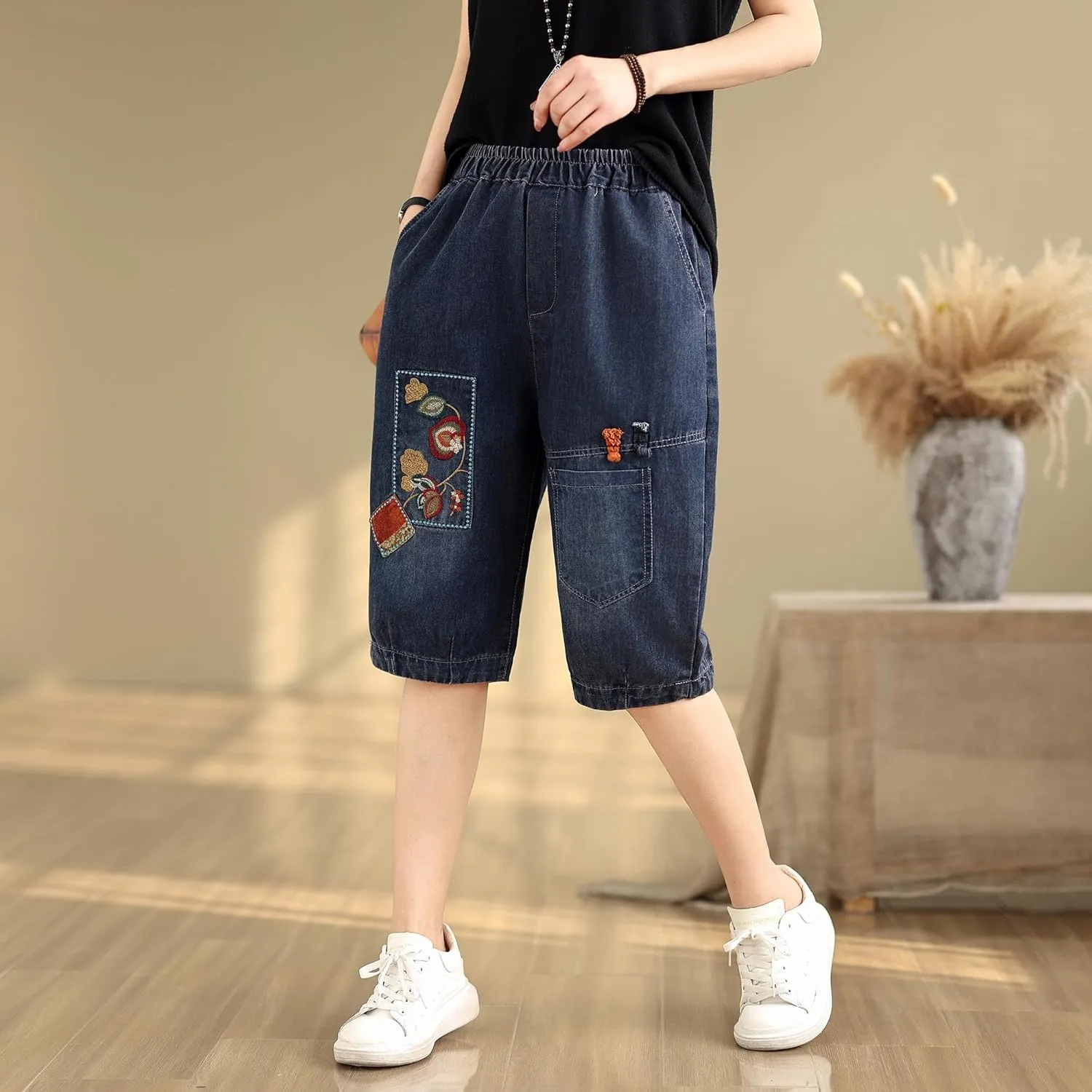 LAI MENG FIVE CATS Women Denim Harem Pants Loose Jeans with Elastic Waist with Pocket