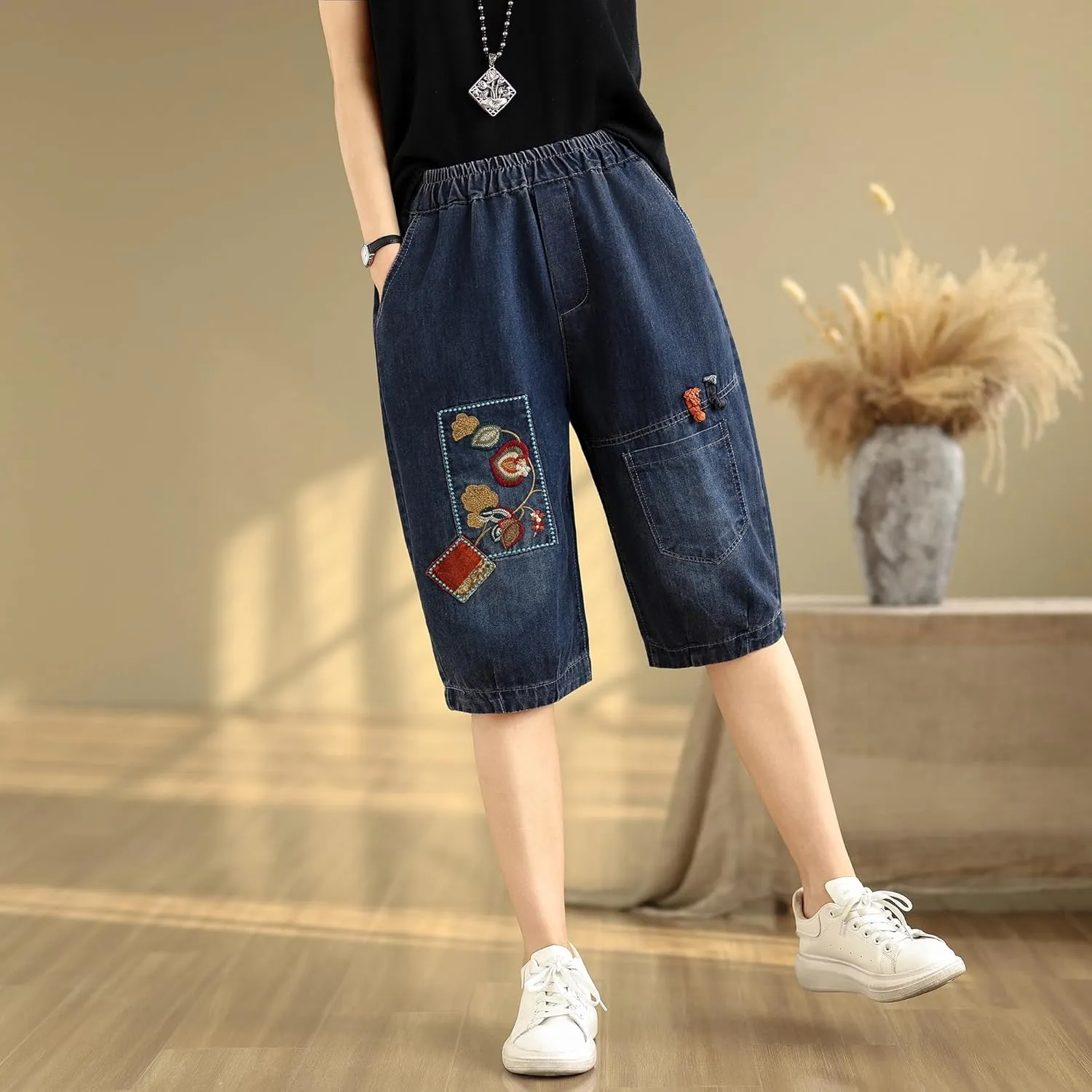 LAI MENG FIVE CATS Women Denim Harem Pants Loose Jeans with Elastic Waist with Pocket