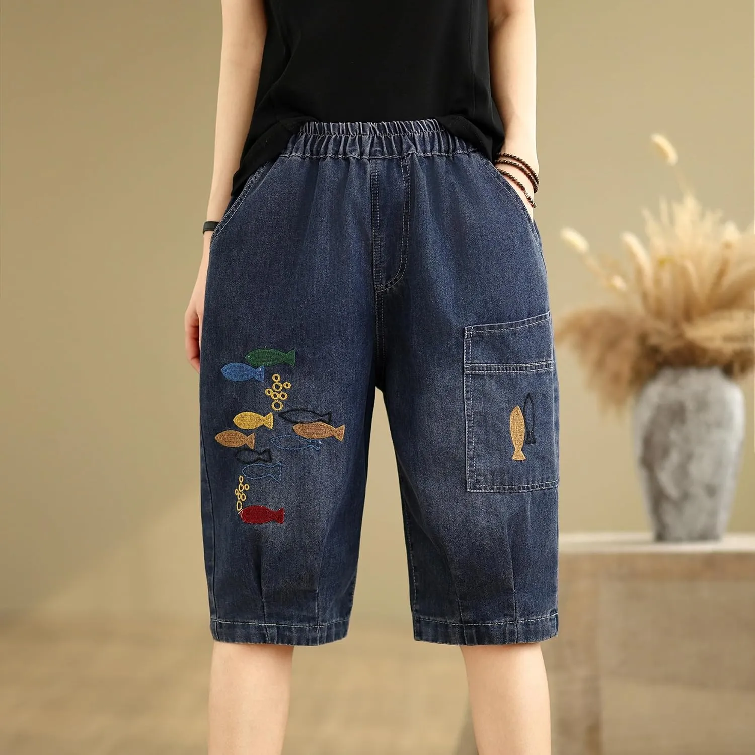 LAI MENG FIVE CATS Women Denim Harem Pants Loose Jeans with Elastic Waist with Pocket