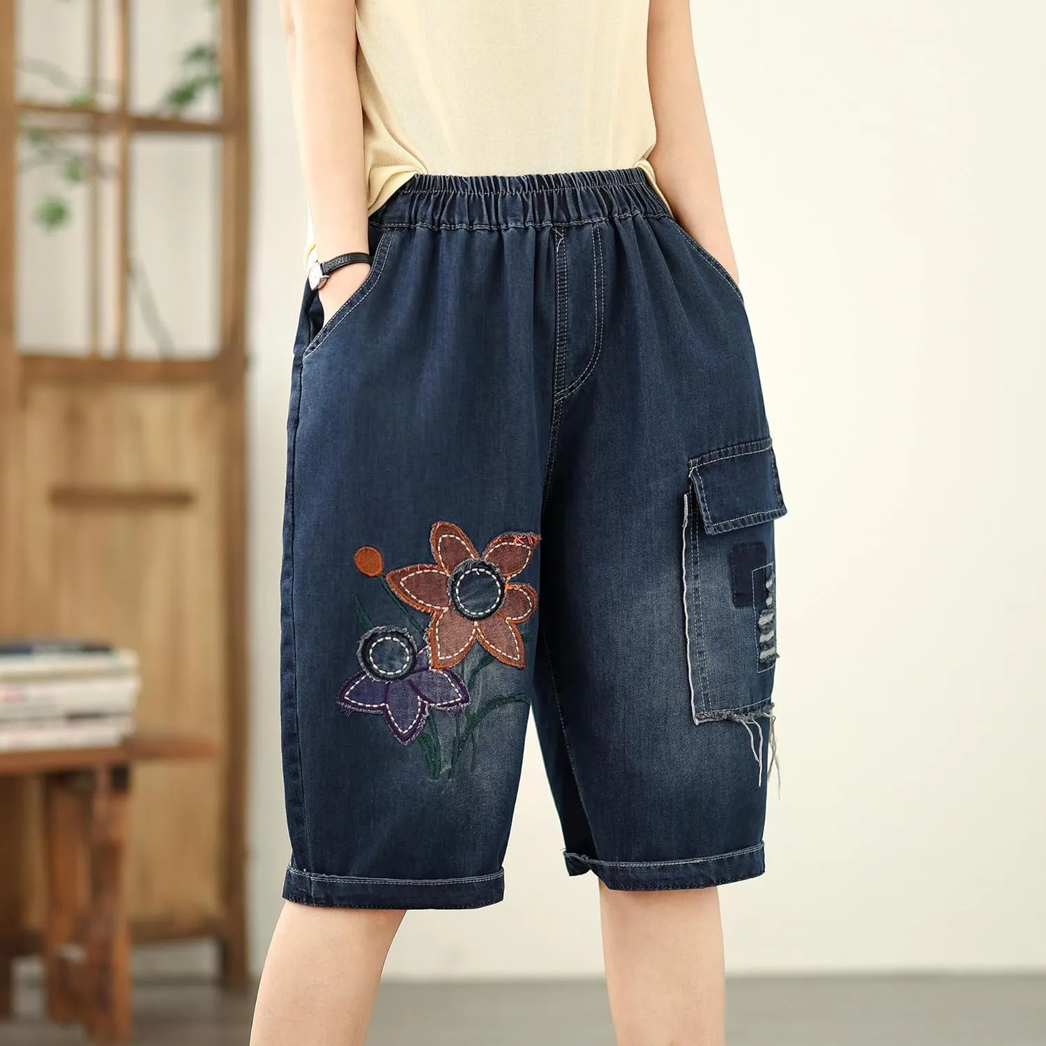 LAI MENG FIVE CATS Women Denim Harem Pants Loose Jeans with Elastic Waist with Pocket