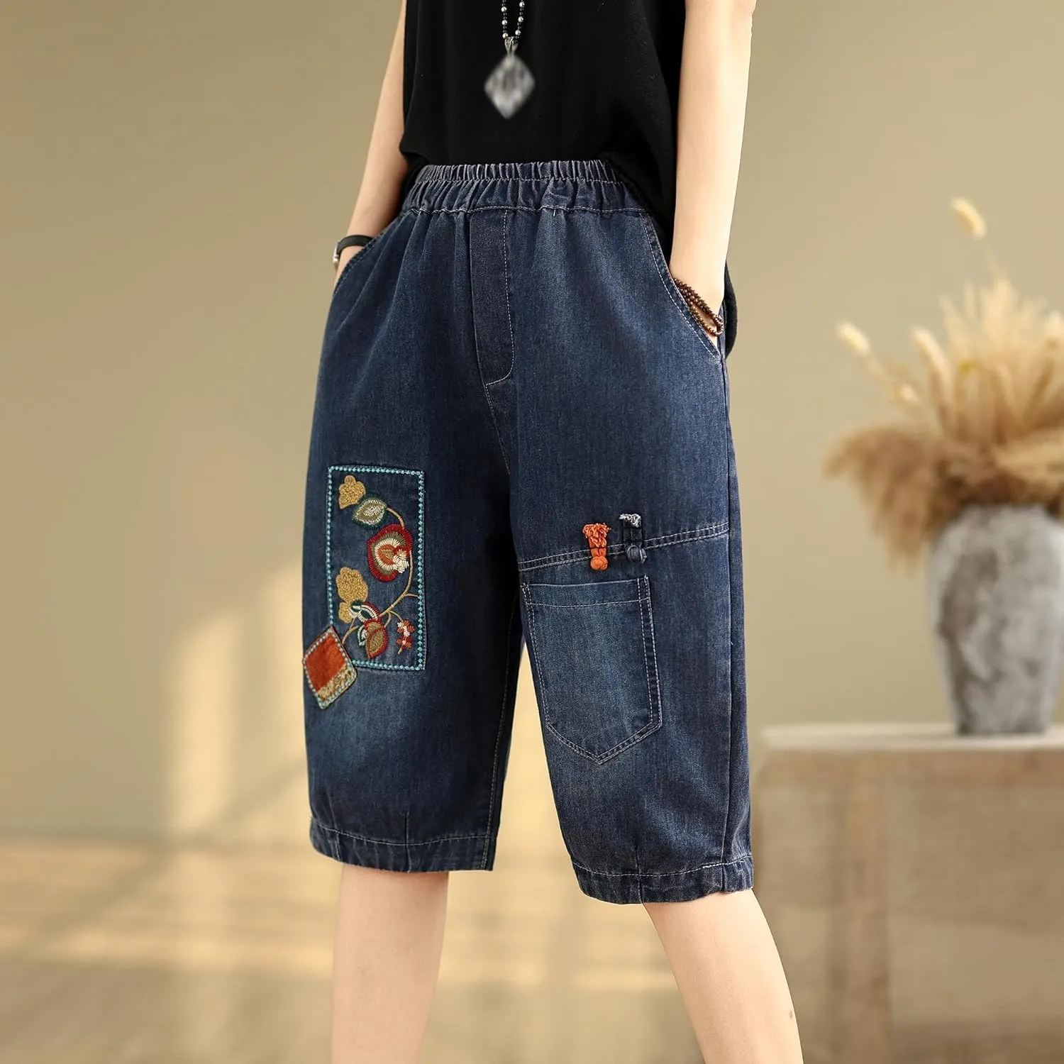 LAI MENG FIVE CATS Women Denim Harem Pants Loose Jeans with Elastic Waist with Pocket
