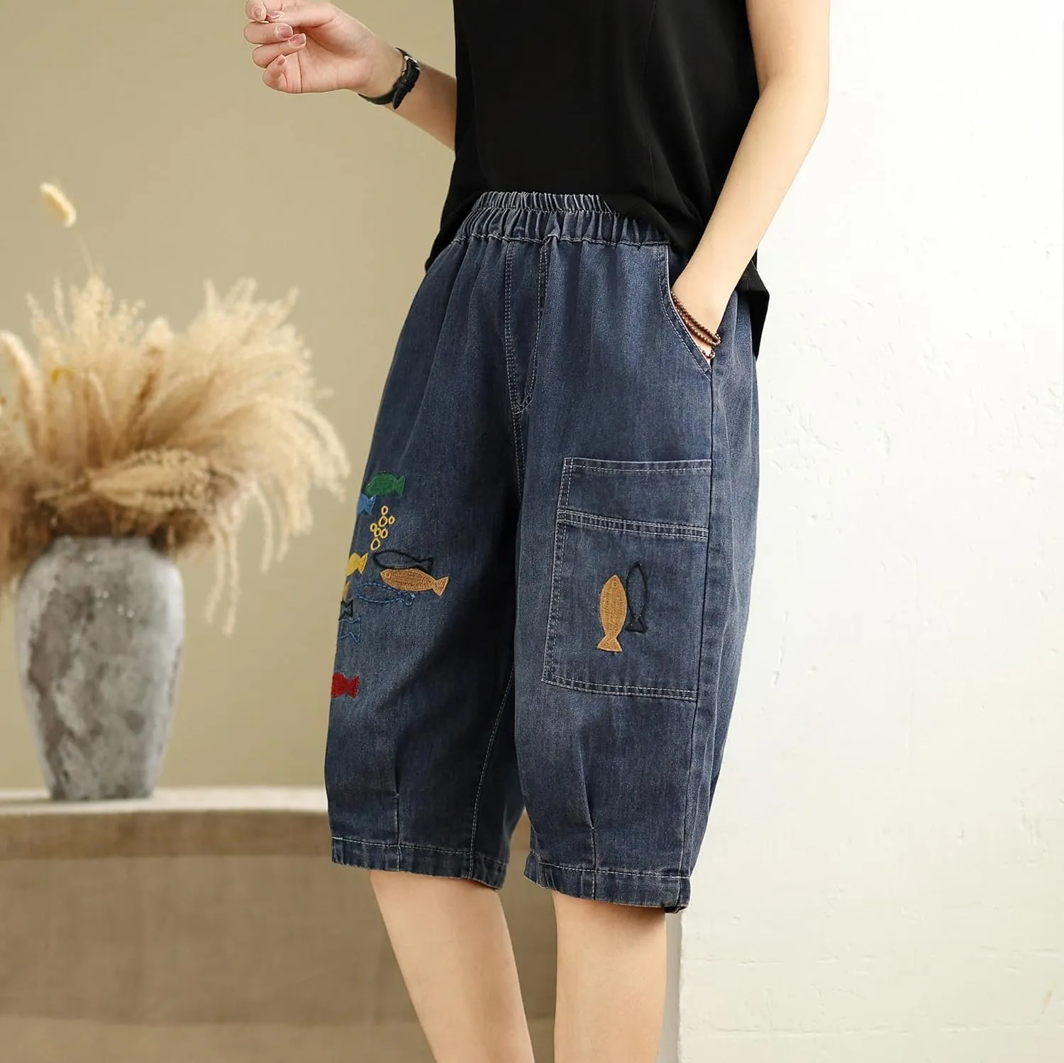 LAI MENG FIVE CATS Women Denim Harem Pants Loose Jeans with Elastic Waist with Pocket