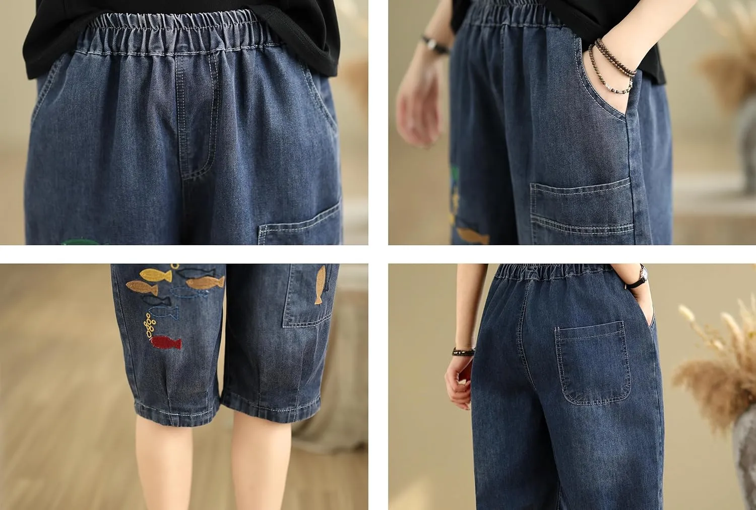 LAI MENG FIVE CATS Women Denim Harem Pants Loose Jeans with Elastic Waist with Pocket