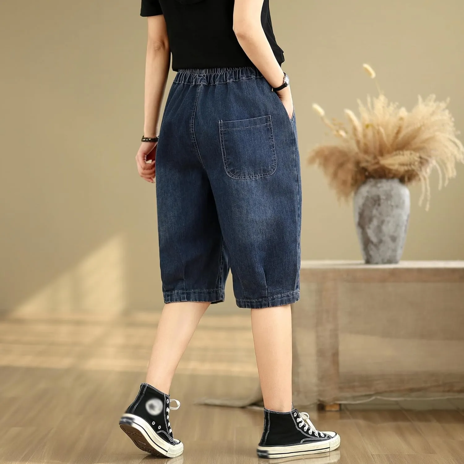 LAI MENG FIVE CATS Women Denim Harem Pants Loose Jeans with Elastic Waist with Pocket