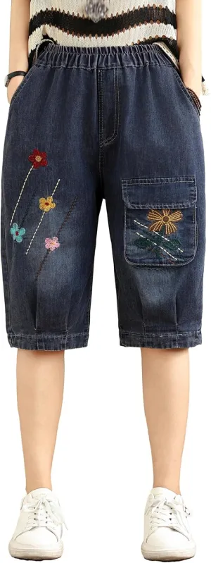 LAI MENG FIVE CATS Women Denim Harem Pants Loose Jeans with Elastic Waist with Pocket