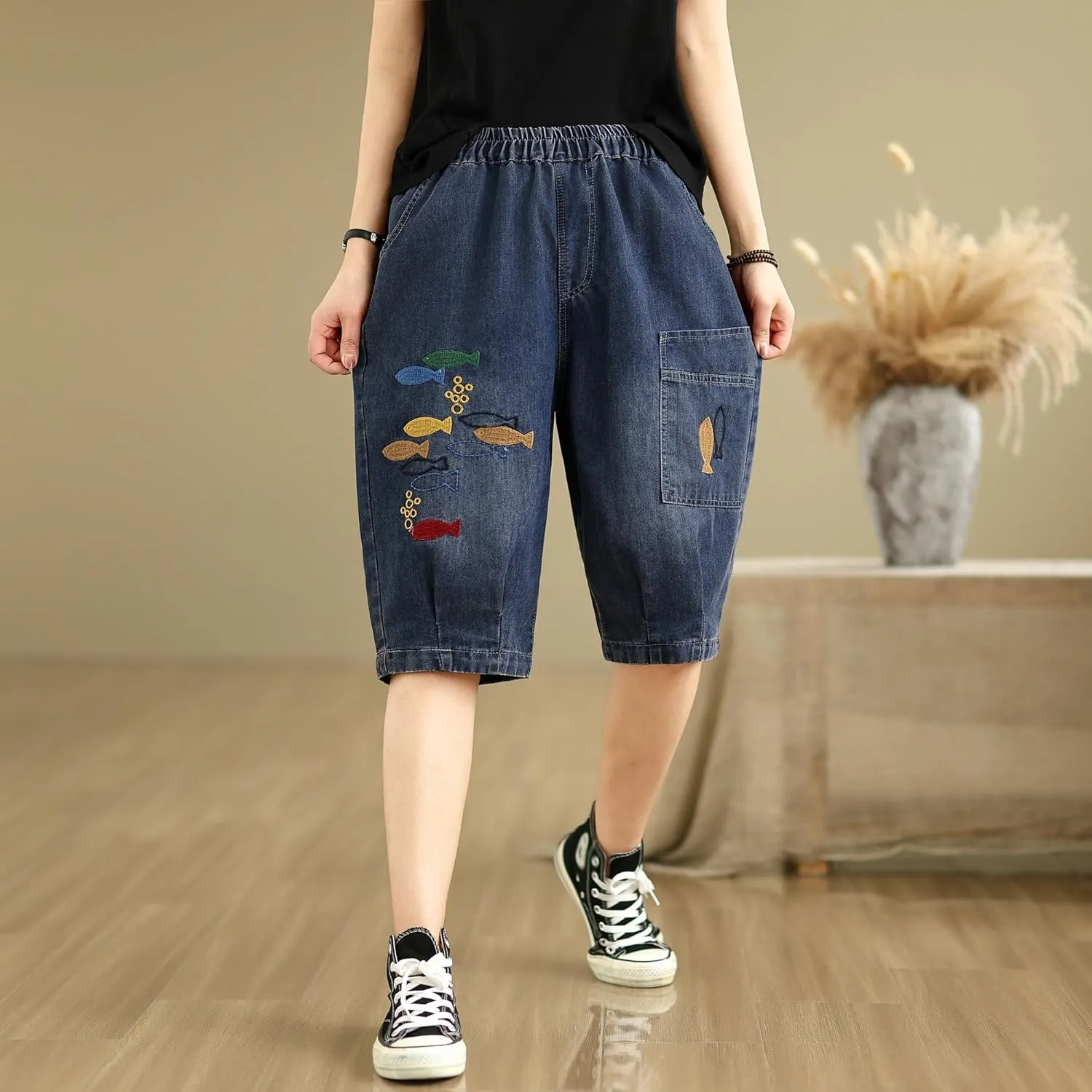 LAI MENG FIVE CATS Women Denim Harem Pants Loose Jeans with Elastic Waist with Pocket