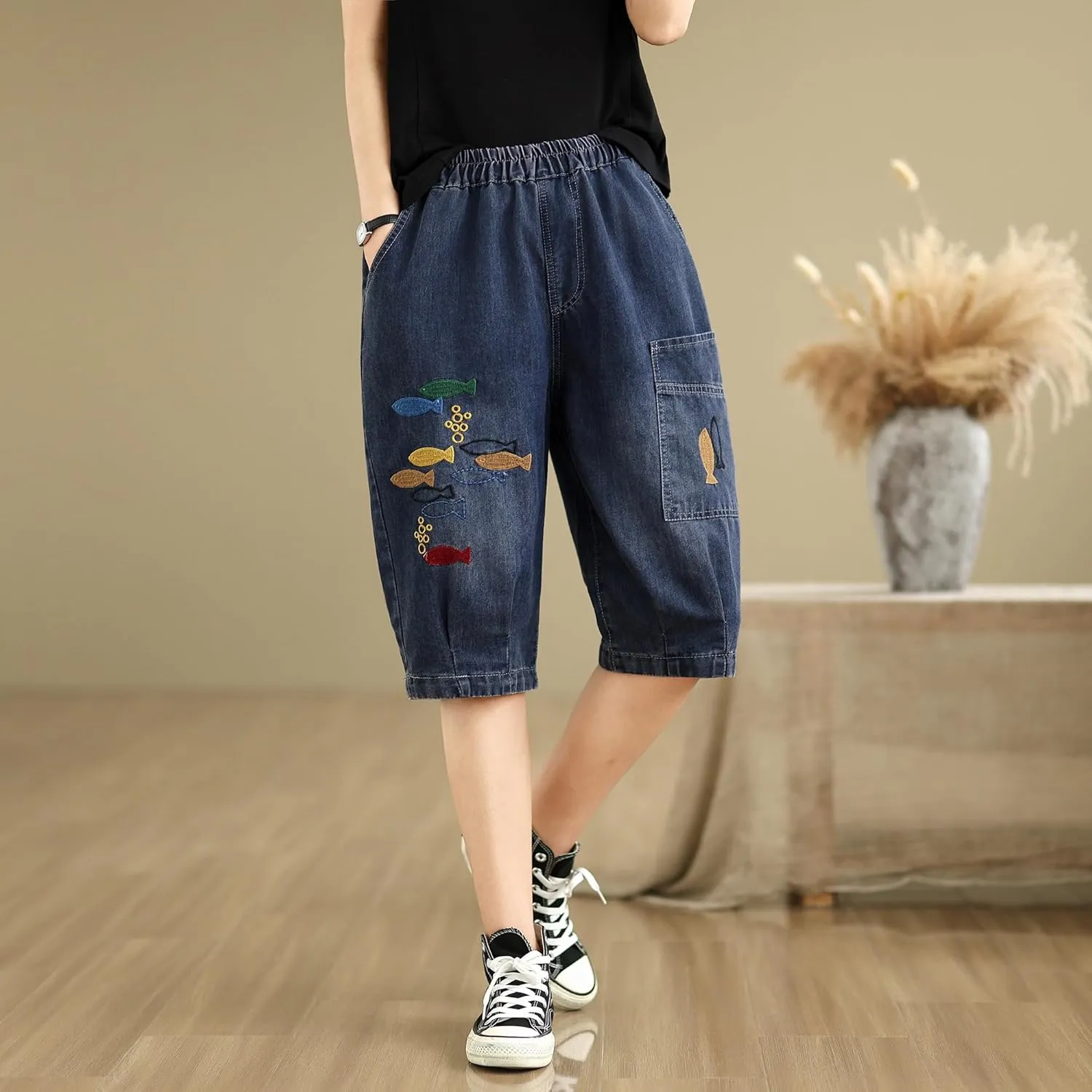 LAI MENG FIVE CATS Women Denim Harem Pants Loose Jeans with Elastic Waist with Pocket