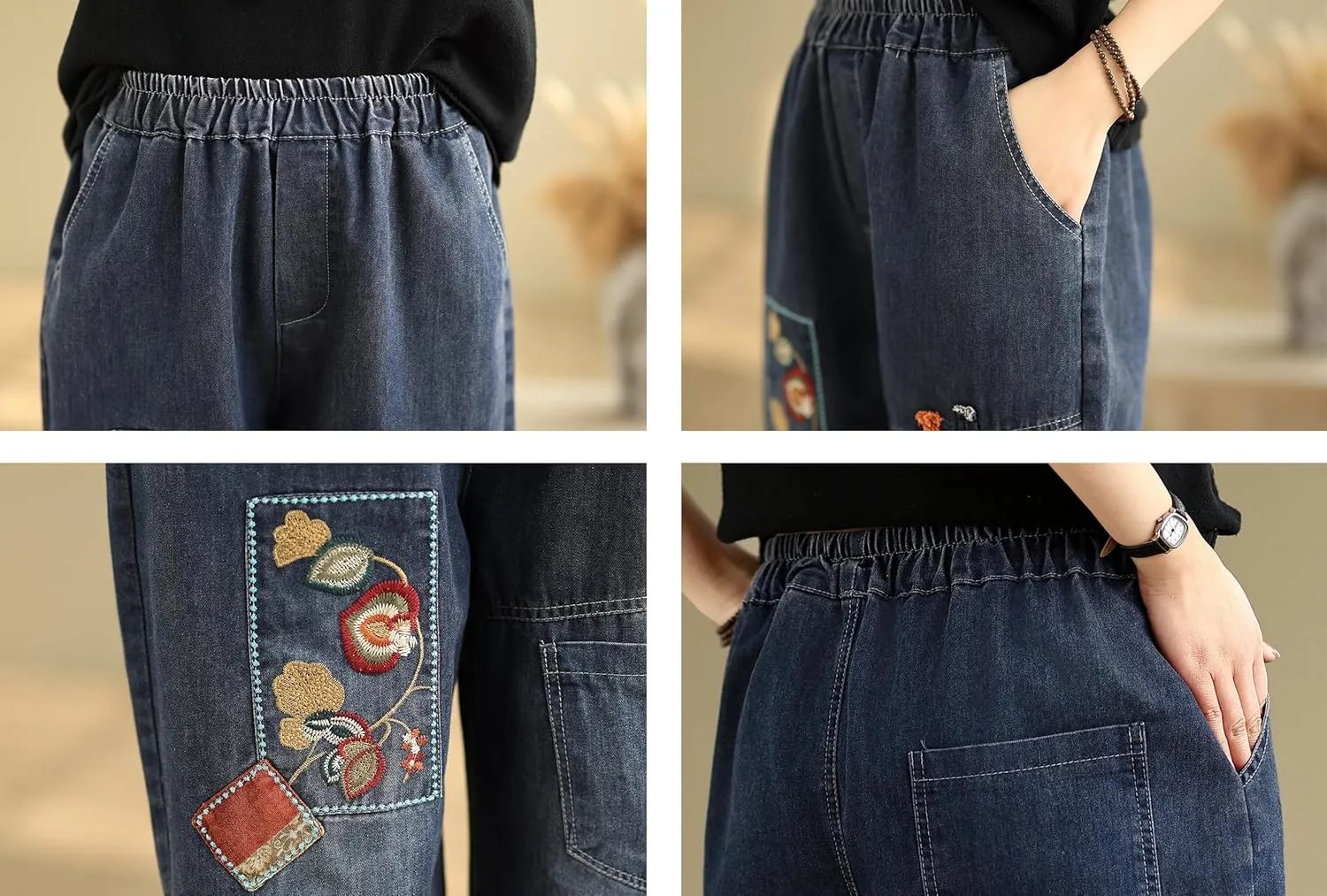 LAI MENG FIVE CATS Women Denim Harem Pants Loose Jeans with Elastic Waist with Pocket