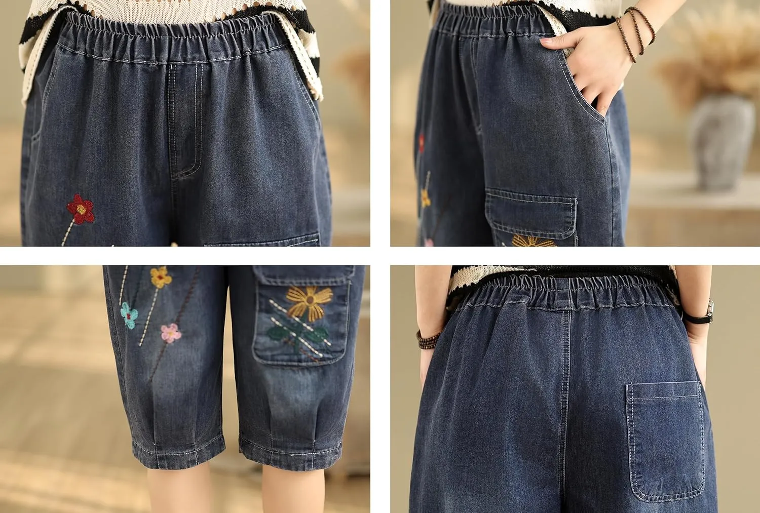 LAI MENG FIVE CATS Women Denim Harem Pants Loose Jeans with Elastic Waist with Pocket