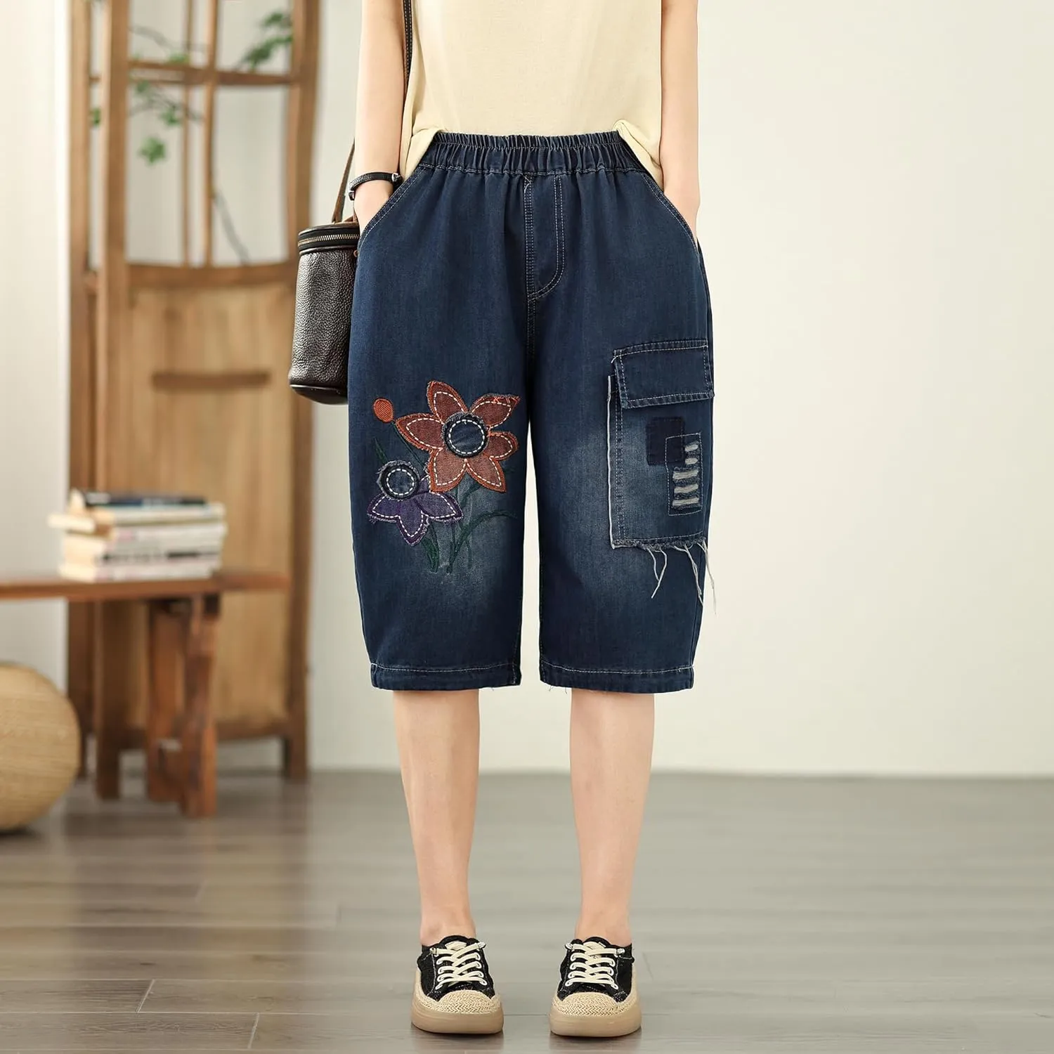 LAI MENG FIVE CATS Women Denim Harem Pants Loose Jeans with Elastic Waist with Pocket