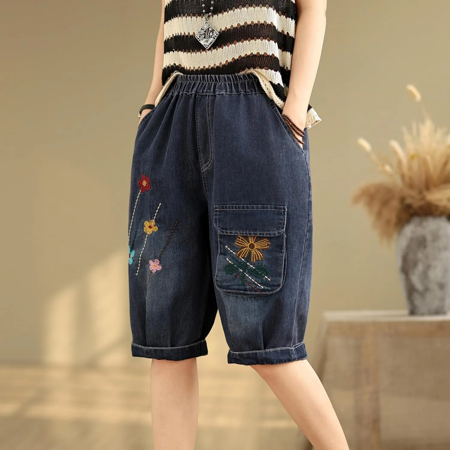 LAI MENG FIVE CATS Women Denim Harem Pants Loose Jeans with Elastic Waist with Pocket