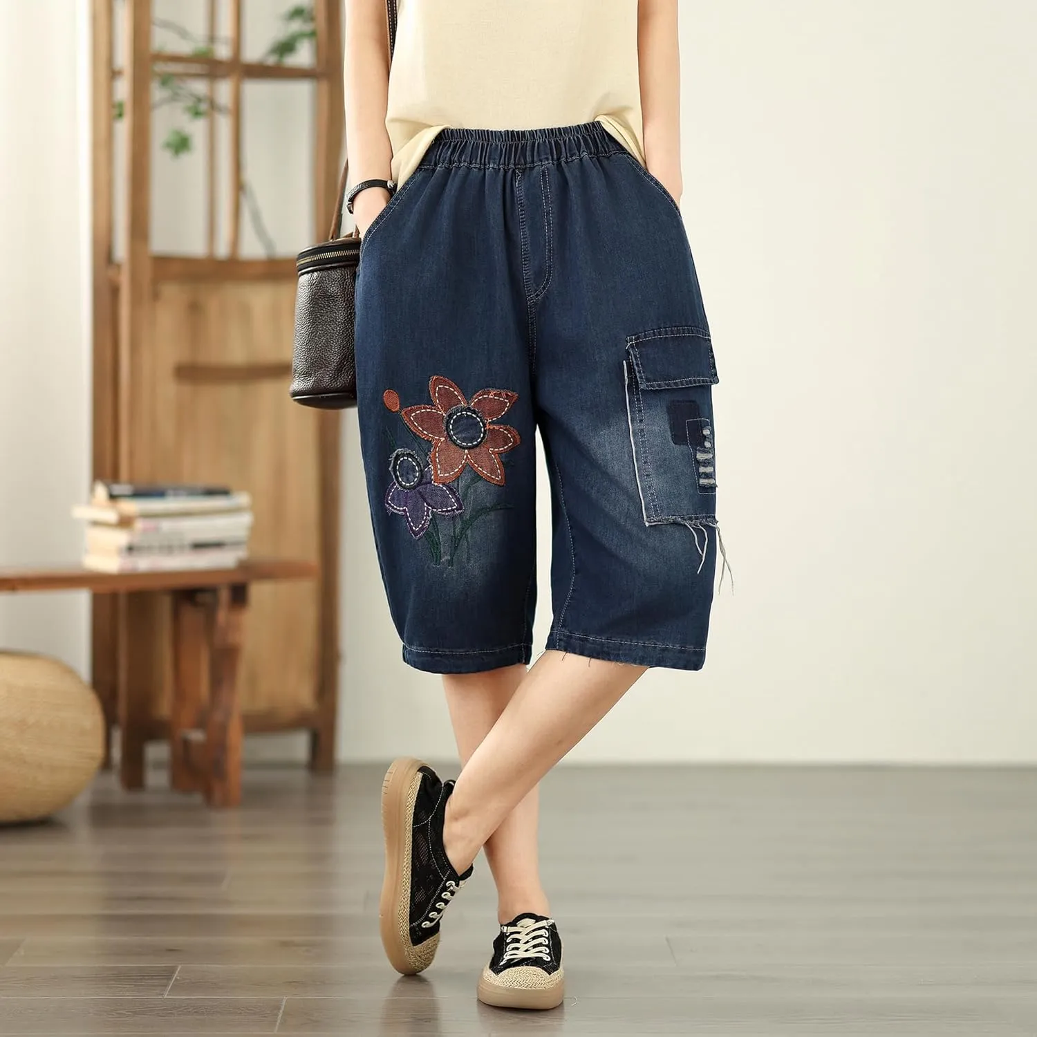 LAI MENG FIVE CATS Women Denim Harem Pants Loose Jeans with Elastic Waist with Pocket