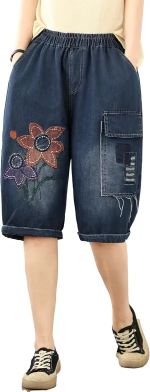 LAI MENG FIVE CATS Women Denim Harem Pants Loose Jeans with Elastic Waist with Pocket