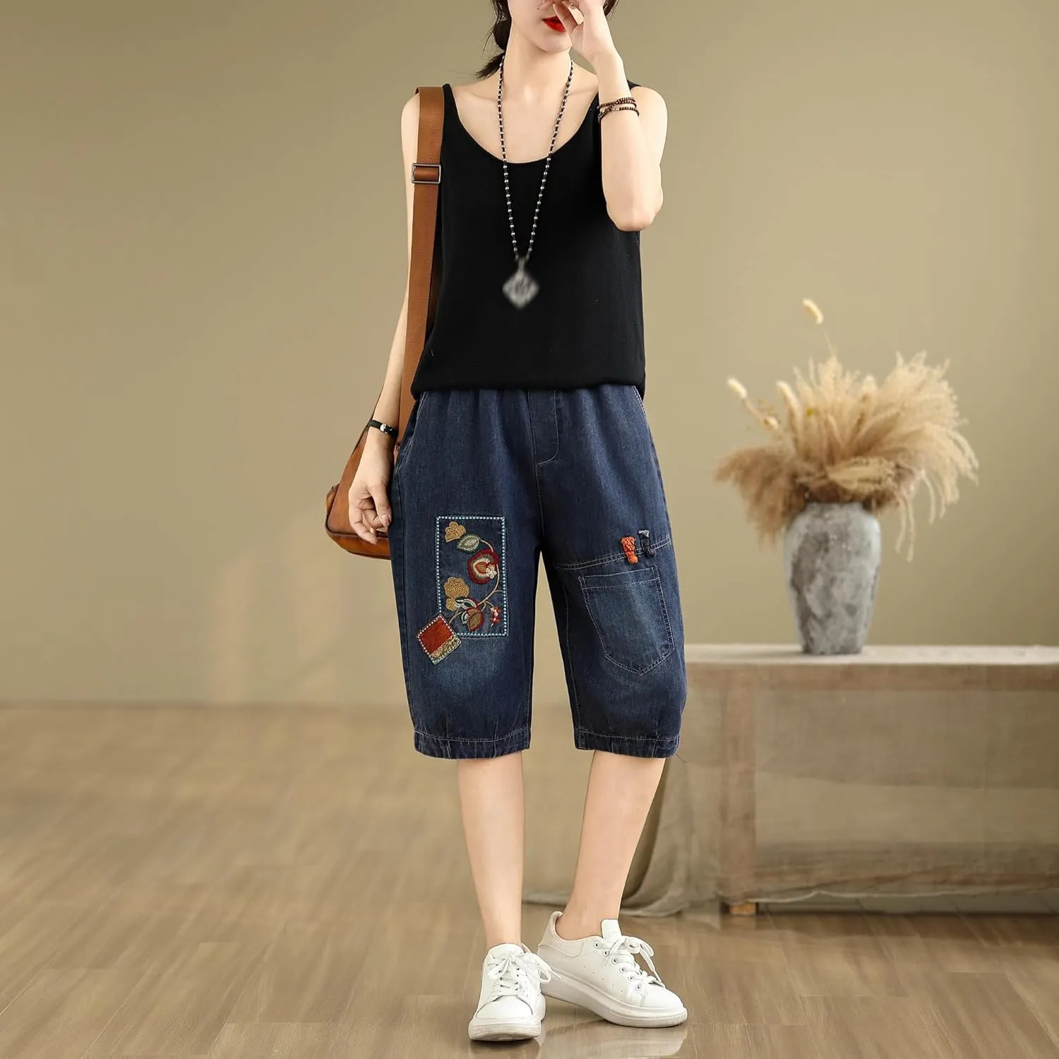 LAI MENG FIVE CATS Women Denim Harem Pants Loose Jeans with Elastic Waist with Pocket