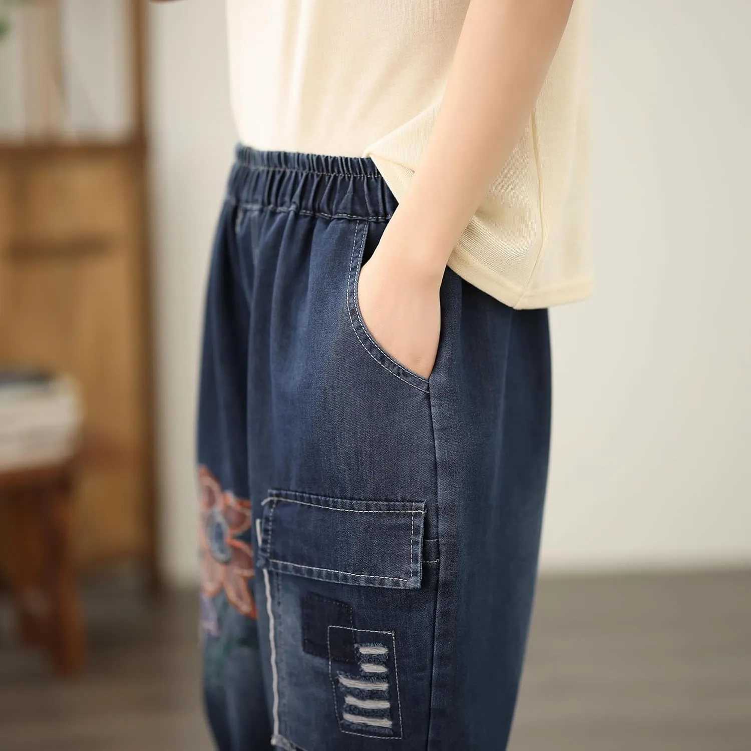 LAI MENG FIVE CATS Women Denim Harem Pants Loose Jeans with Elastic Waist with Pocket