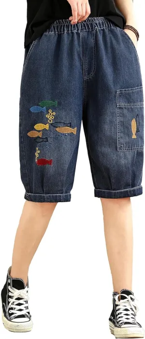 LAI MENG FIVE CATS Women Denim Harem Pants Loose Jeans with Elastic Waist with Pocket