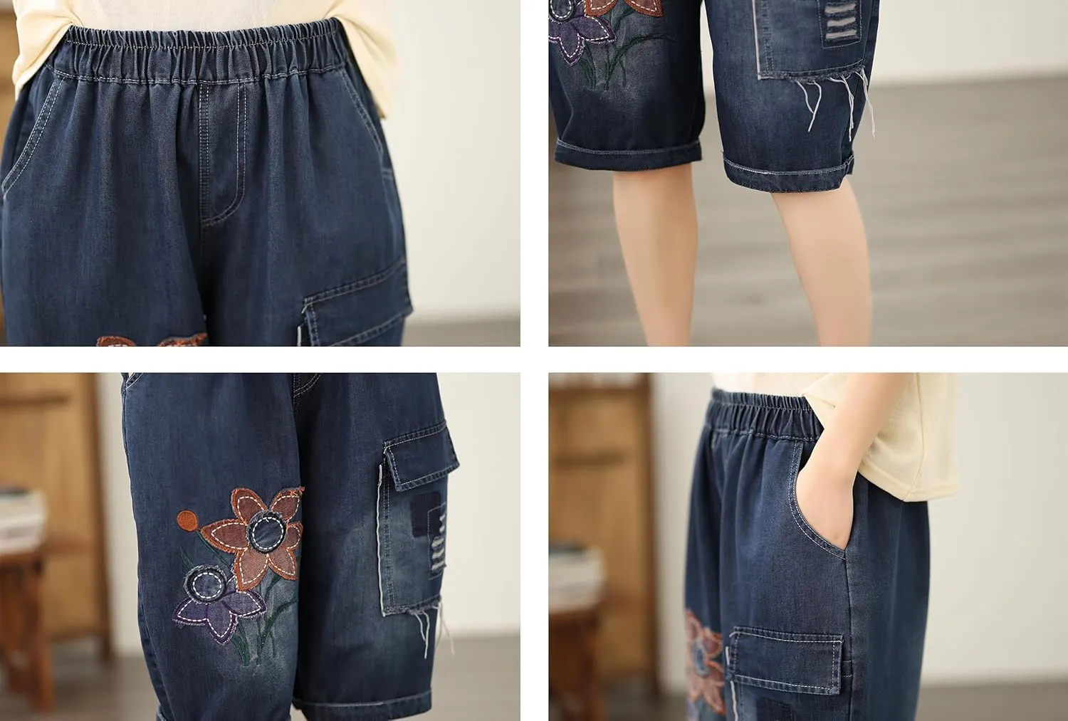 LAI MENG FIVE CATS Women Denim Harem Pants Loose Jeans with Elastic Waist with Pocket