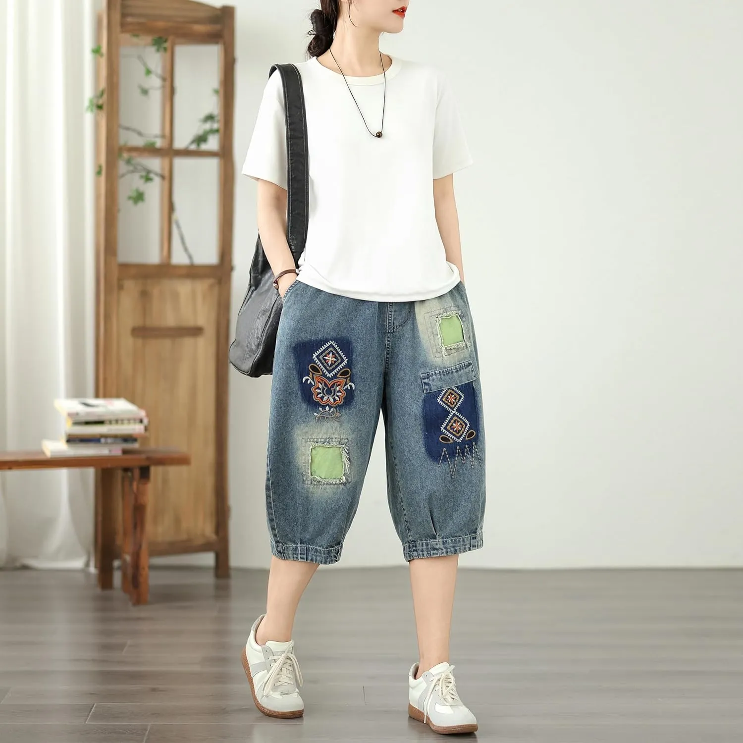 LAI MENG FIVE CATS Women Embroidery Loose Jeans Denim Harem Pants Elastic Waist Pocket