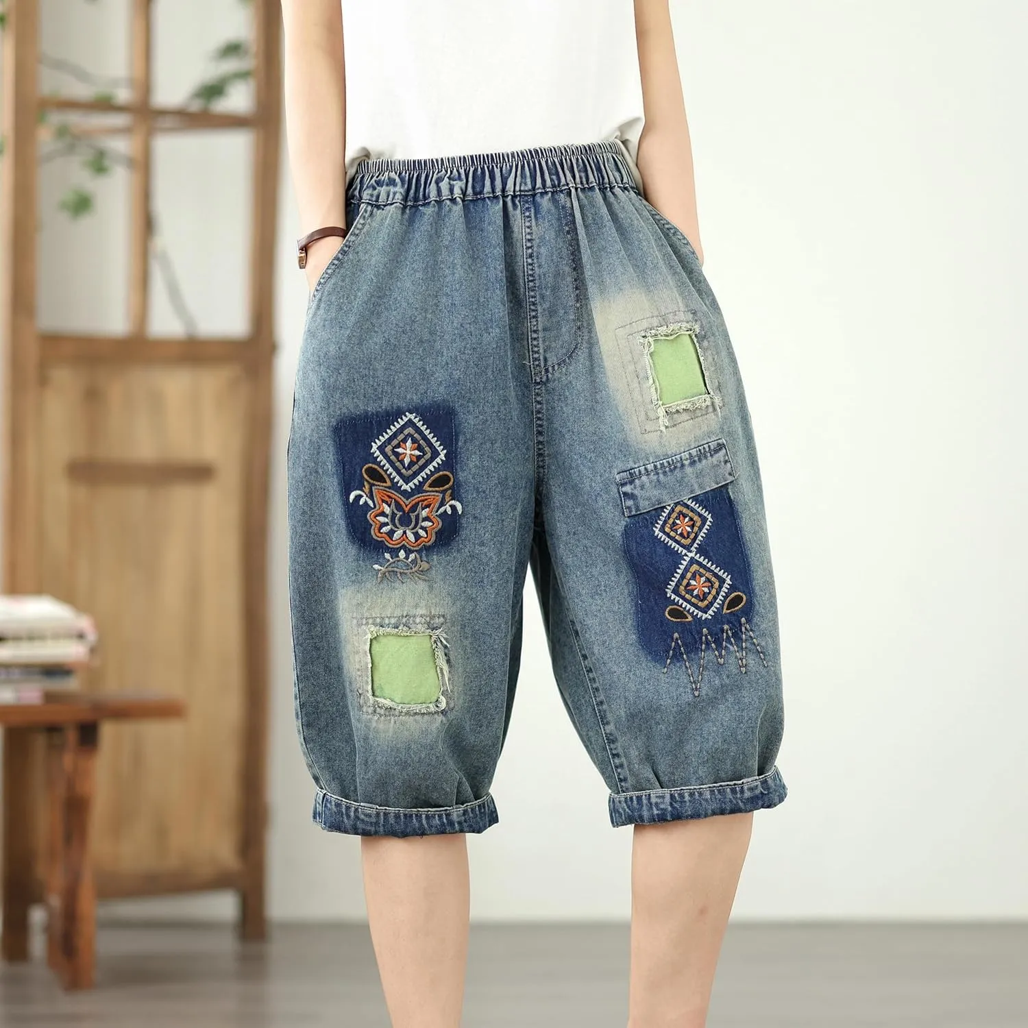 LAI MENG FIVE CATS Women Embroidery Loose Jeans Denim Harem Pants Elastic Waist Pocket