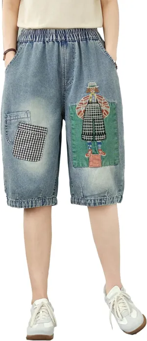 LAI MENG FIVE CATS Women Embroidery Loose Jeans Denim Harem Pants Elastic Waist Pocket