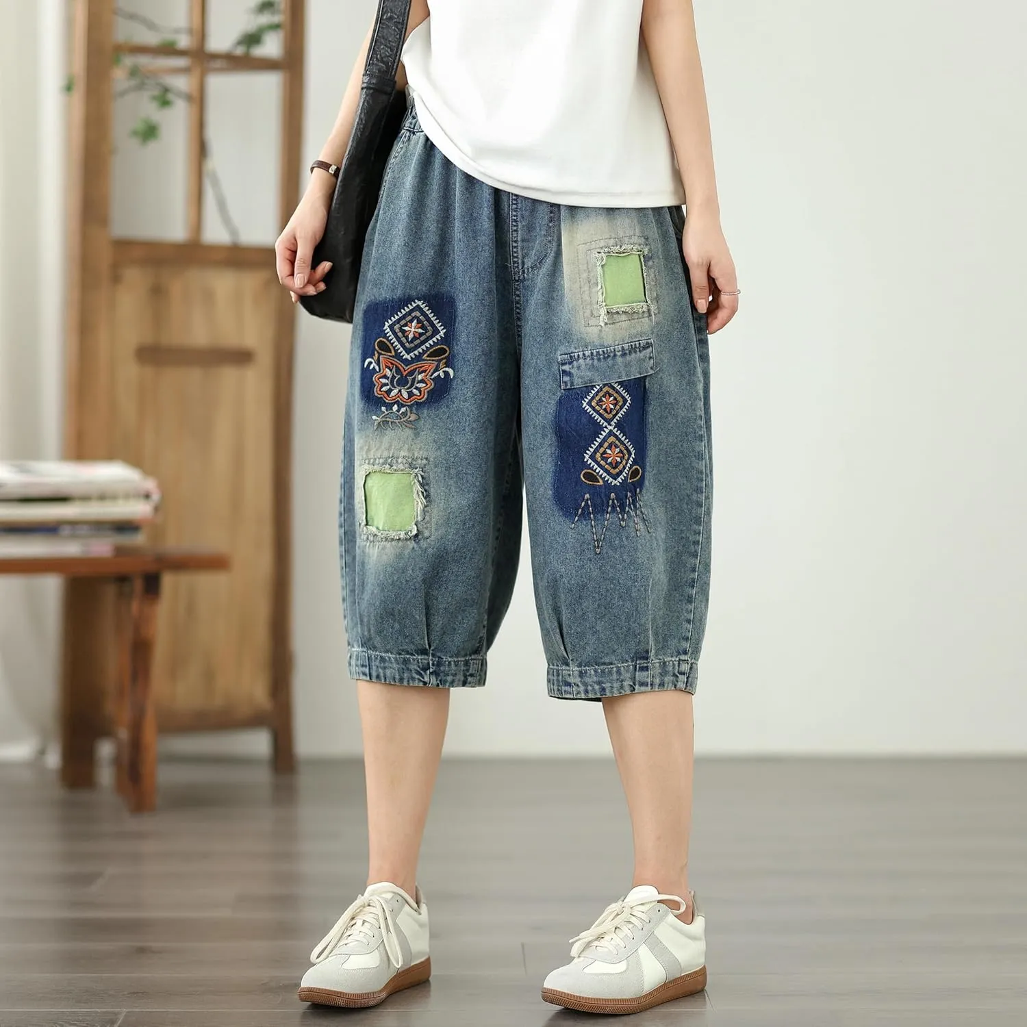 LAI MENG FIVE CATS Women Embroidery Loose Jeans Denim Harem Pants Elastic Waist Pocket