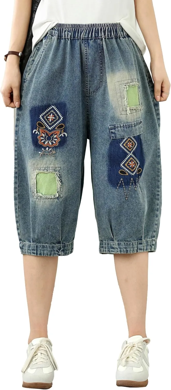 LAI MENG FIVE CATS Women Embroidery Loose Jeans Denim Harem Pants Elastic Waist Pocket