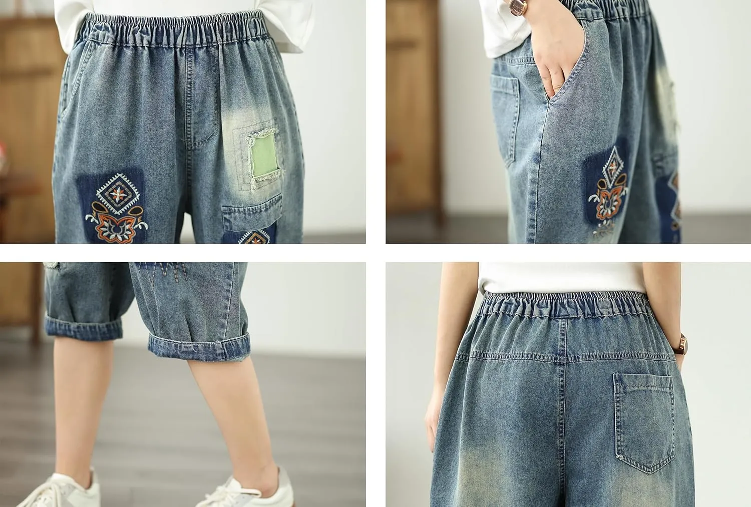 LAI MENG FIVE CATS Women Embroidery Loose Jeans Denim Harem Pants Elastic Waist Pocket