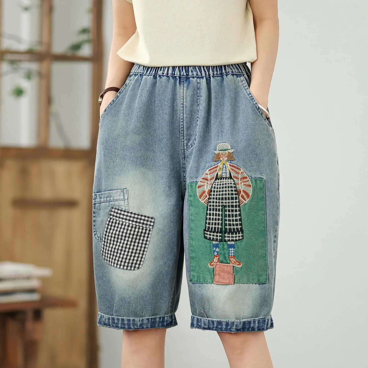 LAI MENG FIVE CATS Women Embroidery Loose Jeans Denim Harem Pants Elastic Waist Pocket