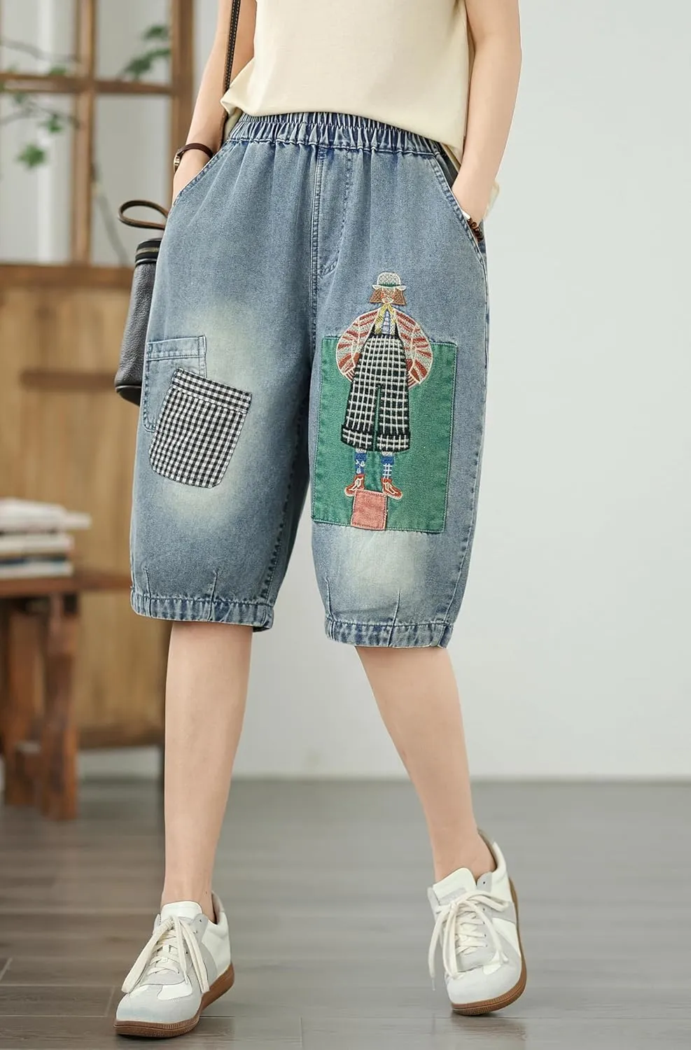 LAI MENG FIVE CATS Women Embroidery Loose Jeans Denim Harem Pants Elastic Waist Pocket