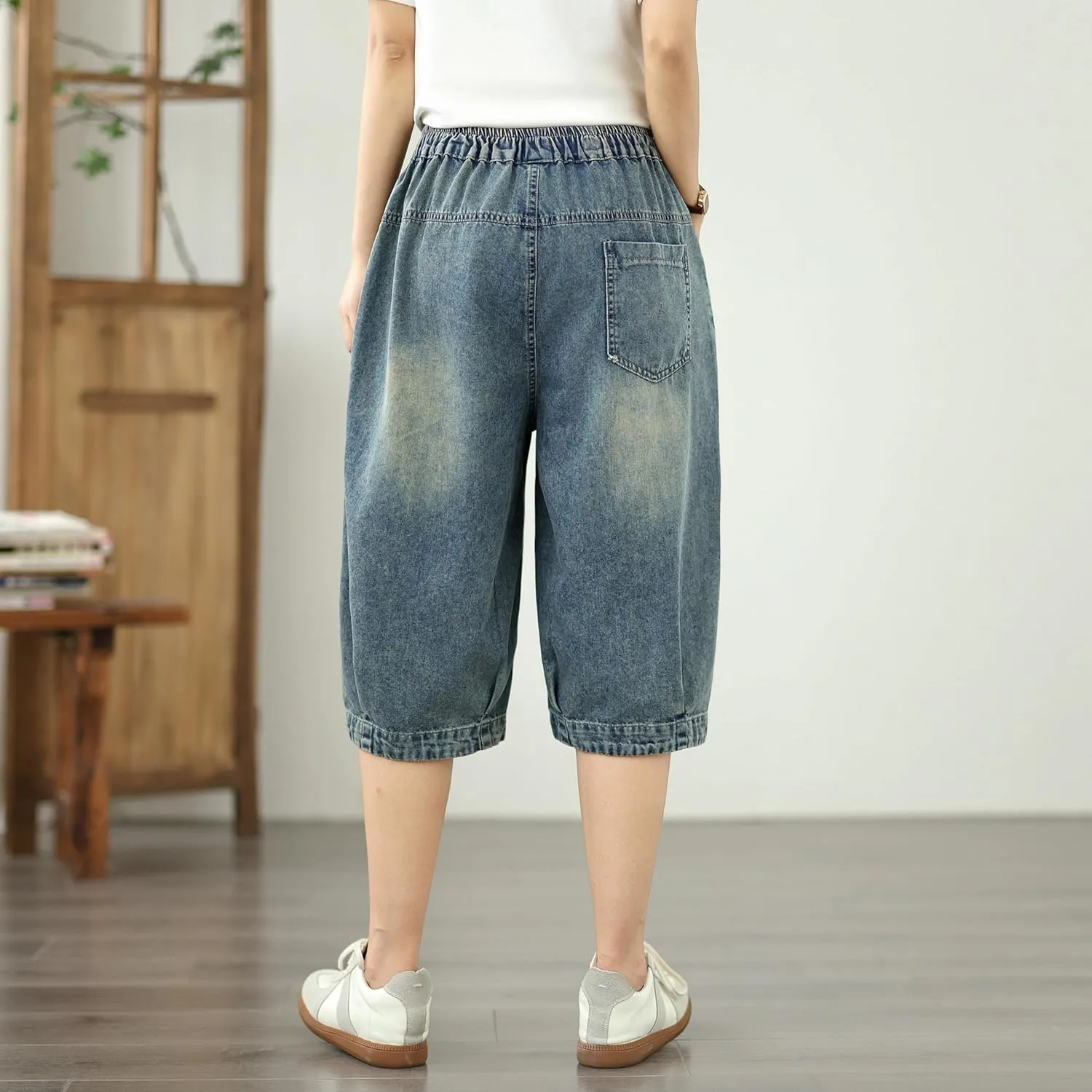LAI MENG FIVE CATS Women Embroidery Loose Jeans Denim Harem Pants Elastic Waist Pocket