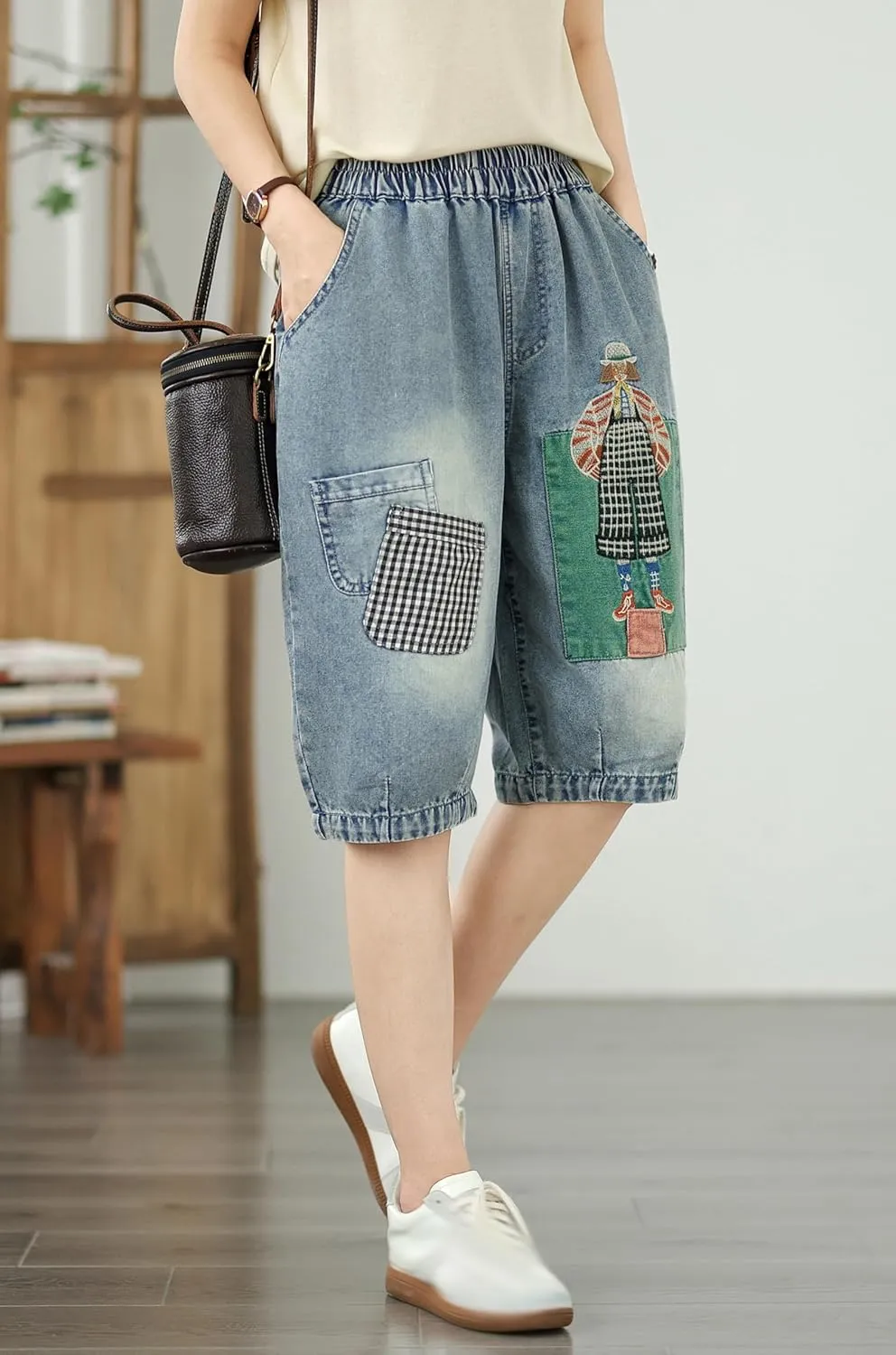 LAI MENG FIVE CATS Women Embroidery Loose Jeans Denim Harem Pants Elastic Waist Pocket