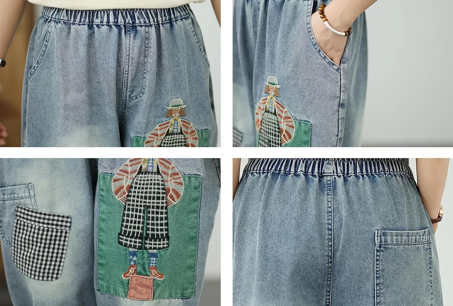 LAI MENG FIVE CATS Women Embroidery Loose Jeans Denim Harem Pants Elastic Waist Pocket