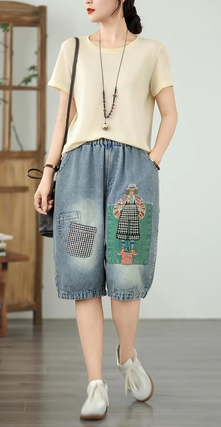 LAI MENG FIVE CATS Women Embroidery Loose Jeans Denim Harem Pants Elastic Waist Pocket
