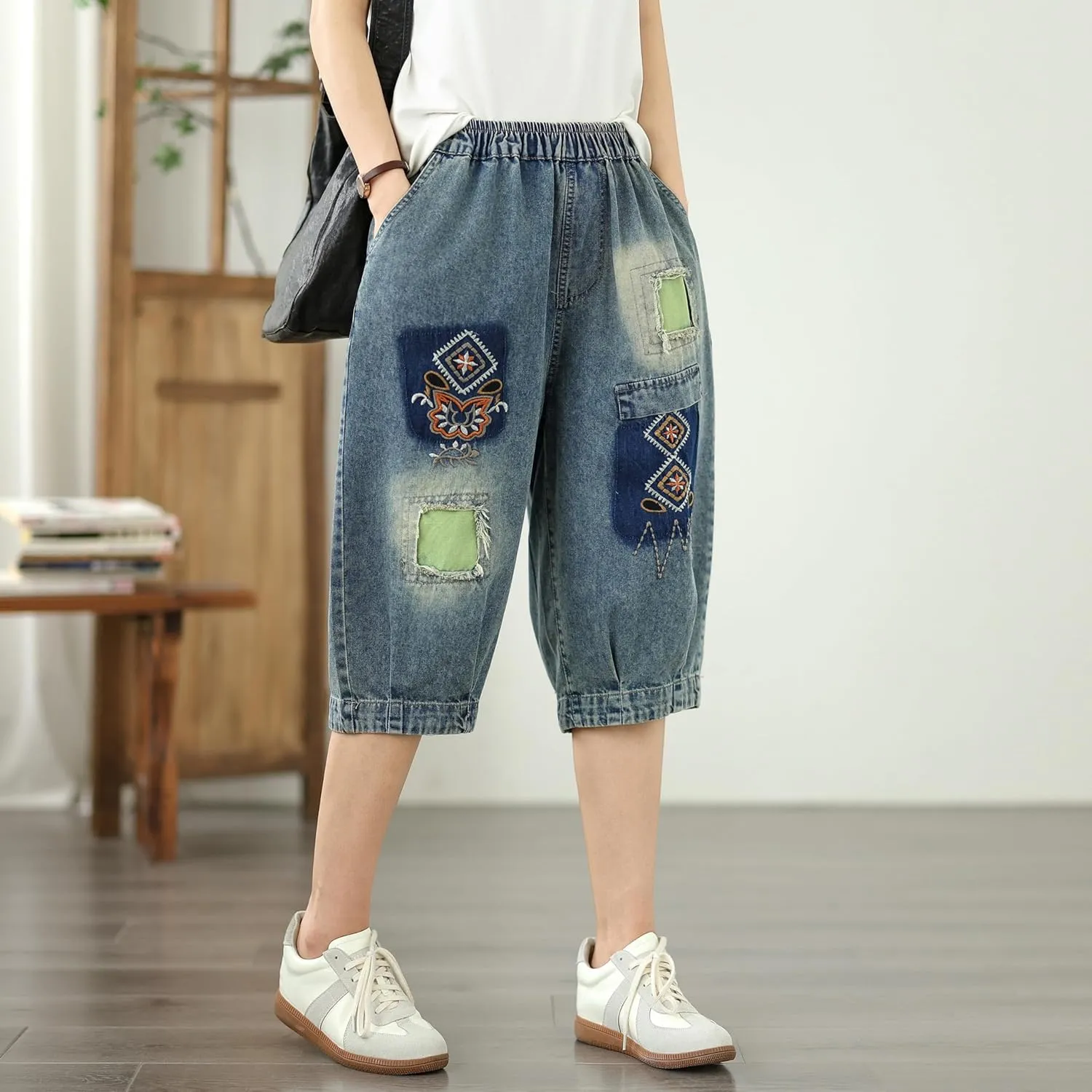 LAI MENG FIVE CATS Women Embroidery Loose Jeans Denim Harem Pants Elastic Waist Pocket