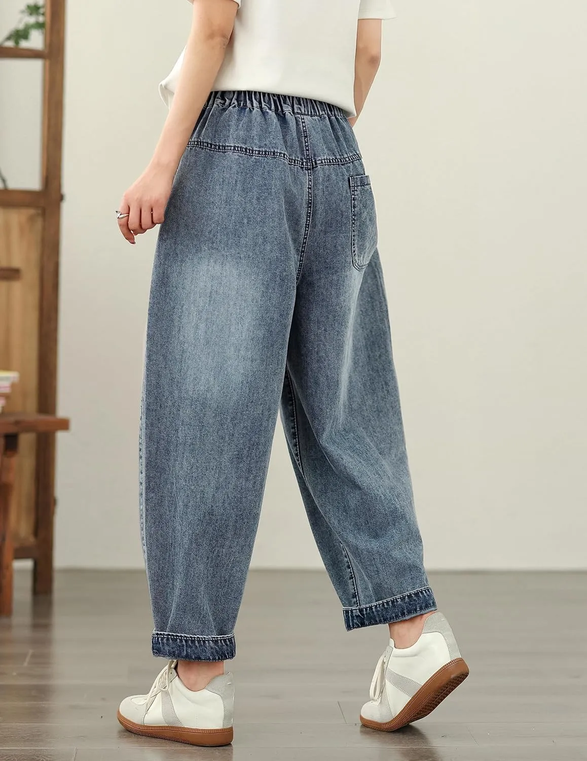 LAI MENG FIVE CATS Women Loose Jeans Denim Harem Pants with Elastic Waist with Pocket