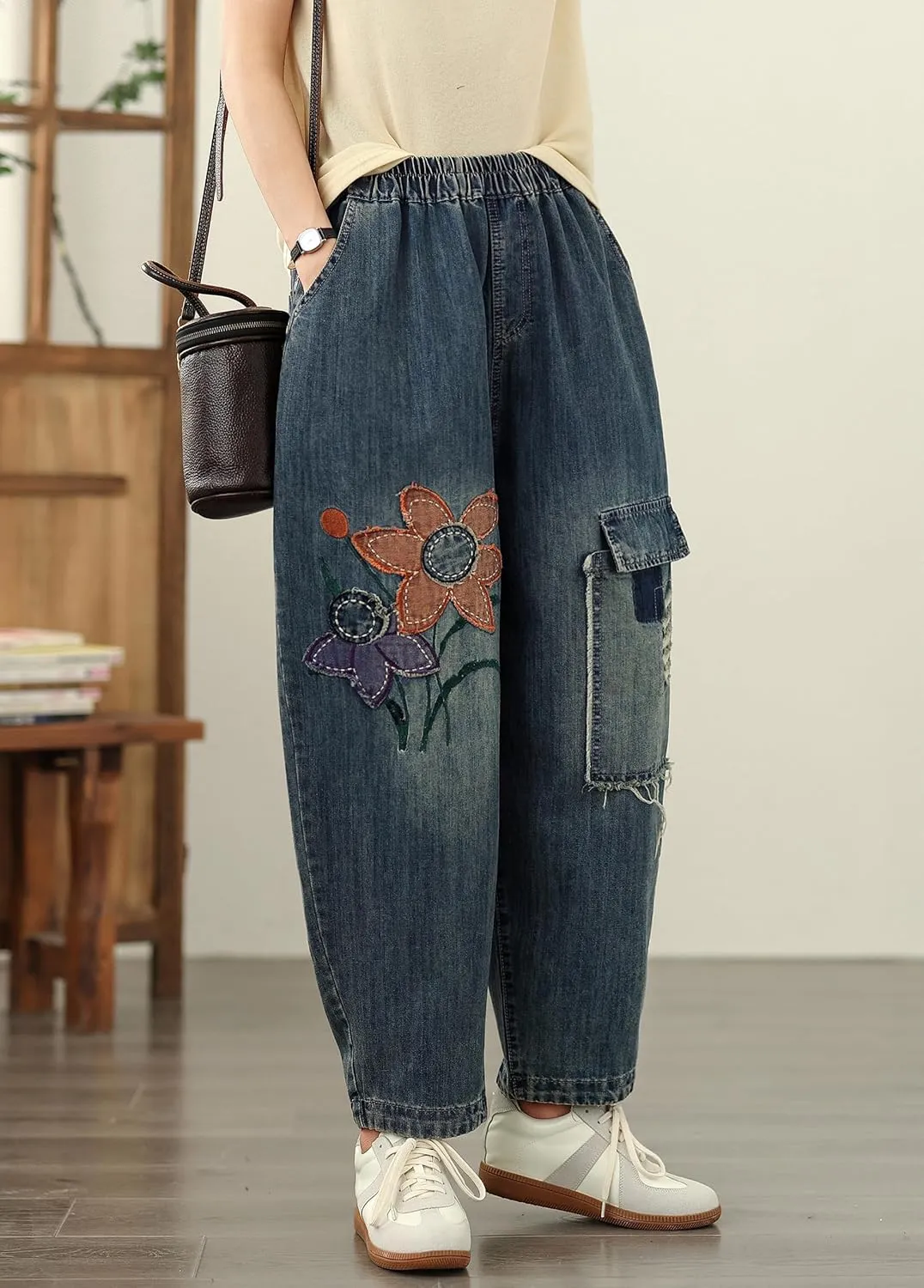 LAI MENG FIVE CATS Women Loose Jeans Denim Harem Pants with Elastic Waist with Pocket