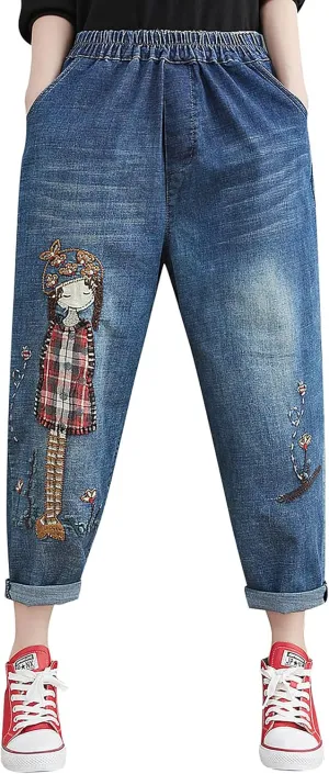 LAI MENG FIVE CATS Women Loose Jeans Denim Harem Pants with Elastic Waist with Pocket
