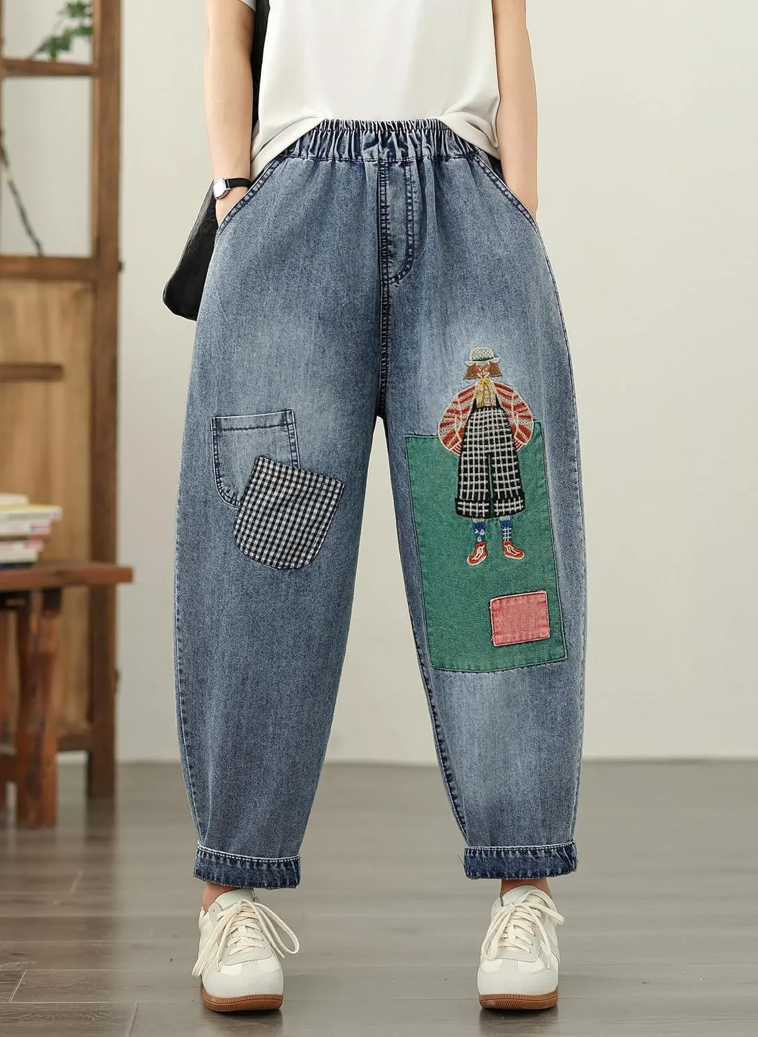 LAI MENG FIVE CATS Women Loose Jeans Denim Harem Pants with Elastic Waist with Pocket