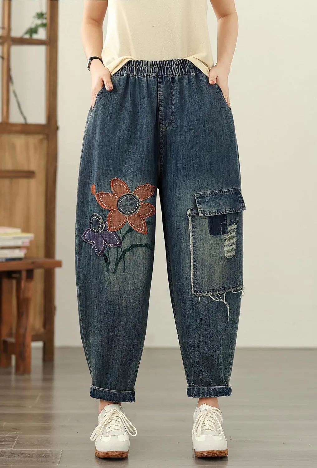 LAI MENG FIVE CATS Women Loose Jeans Denim Harem Pants with Elastic Waist with Pocket