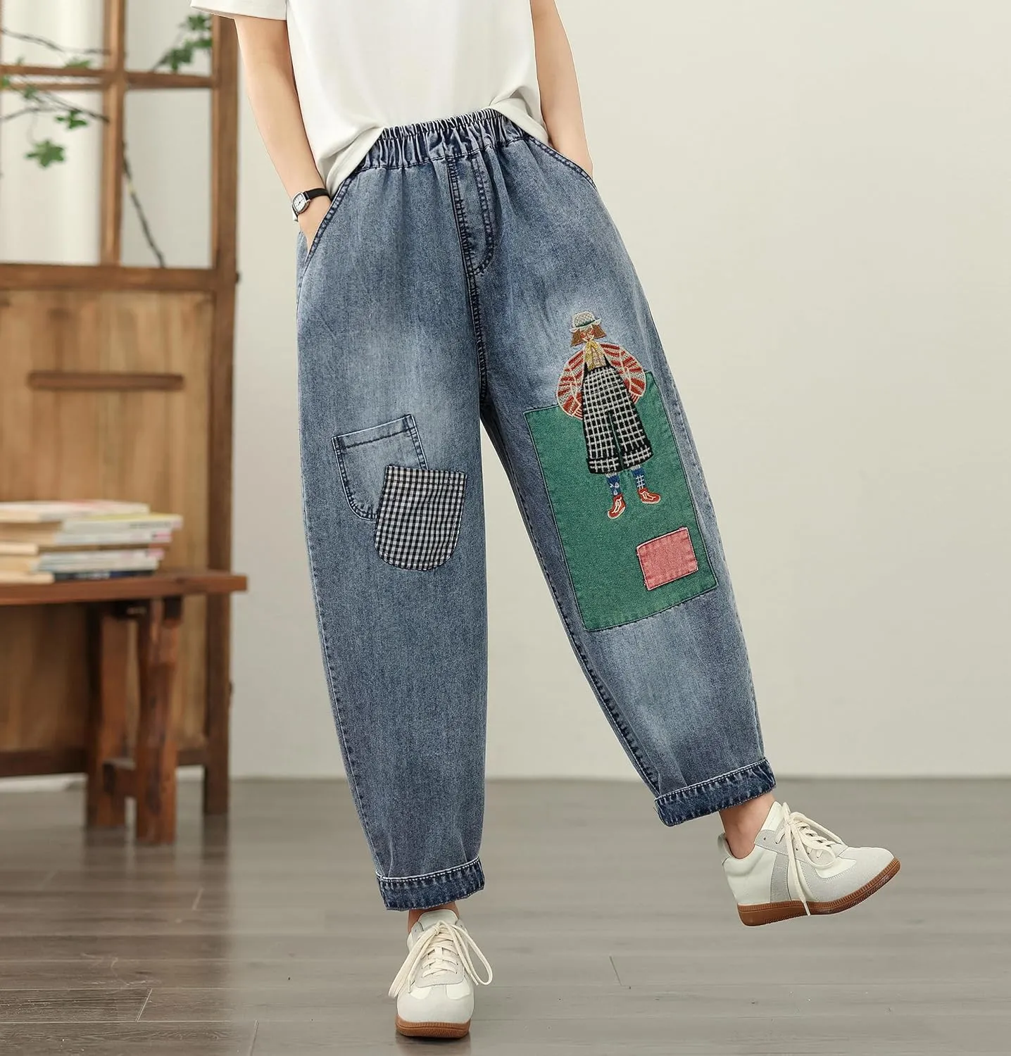LAI MENG FIVE CATS Women Loose Jeans Denim Harem Pants with Elastic Waist with Pocket