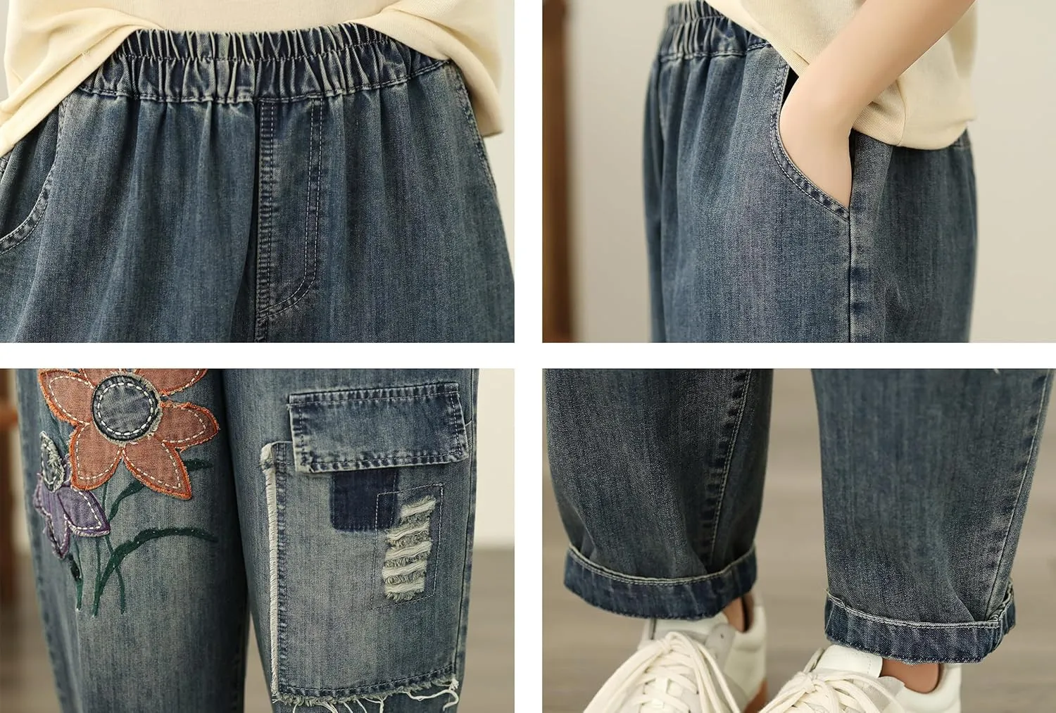 LAI MENG FIVE CATS Women Loose Jeans Denim Harem Pants with Elastic Waist with Pocket