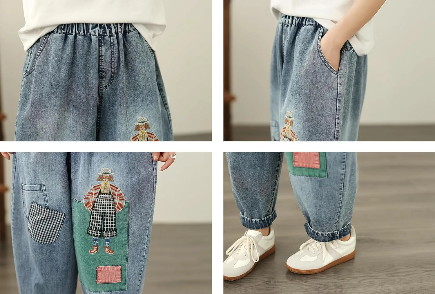 LAI MENG FIVE CATS Women Loose Jeans Denim Harem Pants with Elastic Waist with Pocket