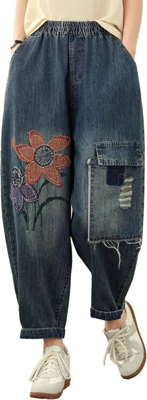 LAI MENG FIVE CATS Women Loose Jeans Denim Harem Pants with Elastic Waist with Pocket