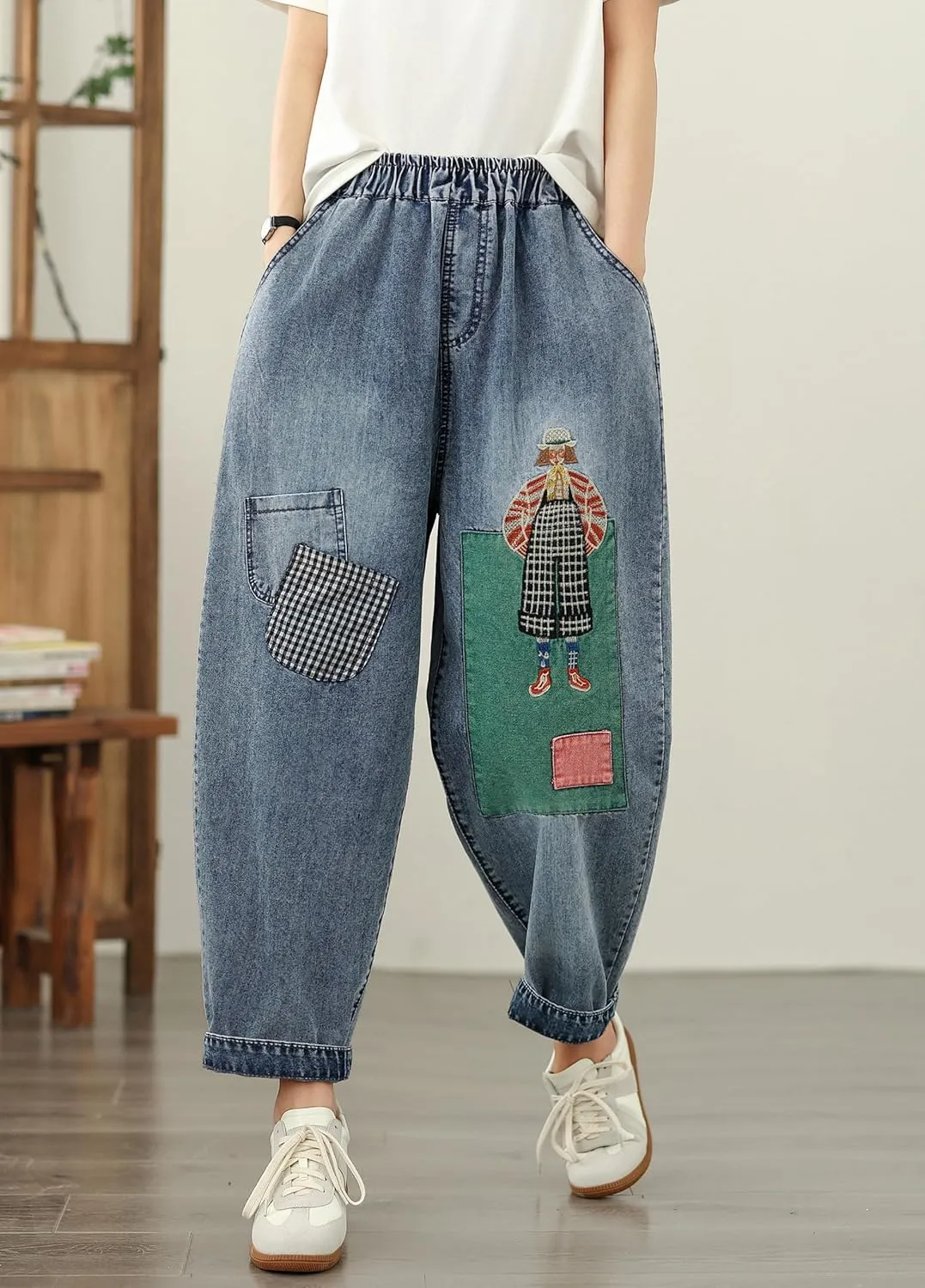 LAI MENG FIVE CATS Women Loose Jeans Denim Harem Pants with Elastic Waist with Pocket