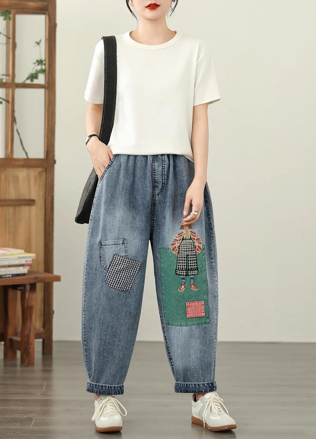 LAI MENG FIVE CATS Women Loose Jeans Denim Harem Pants with Elastic Waist with Pocket
