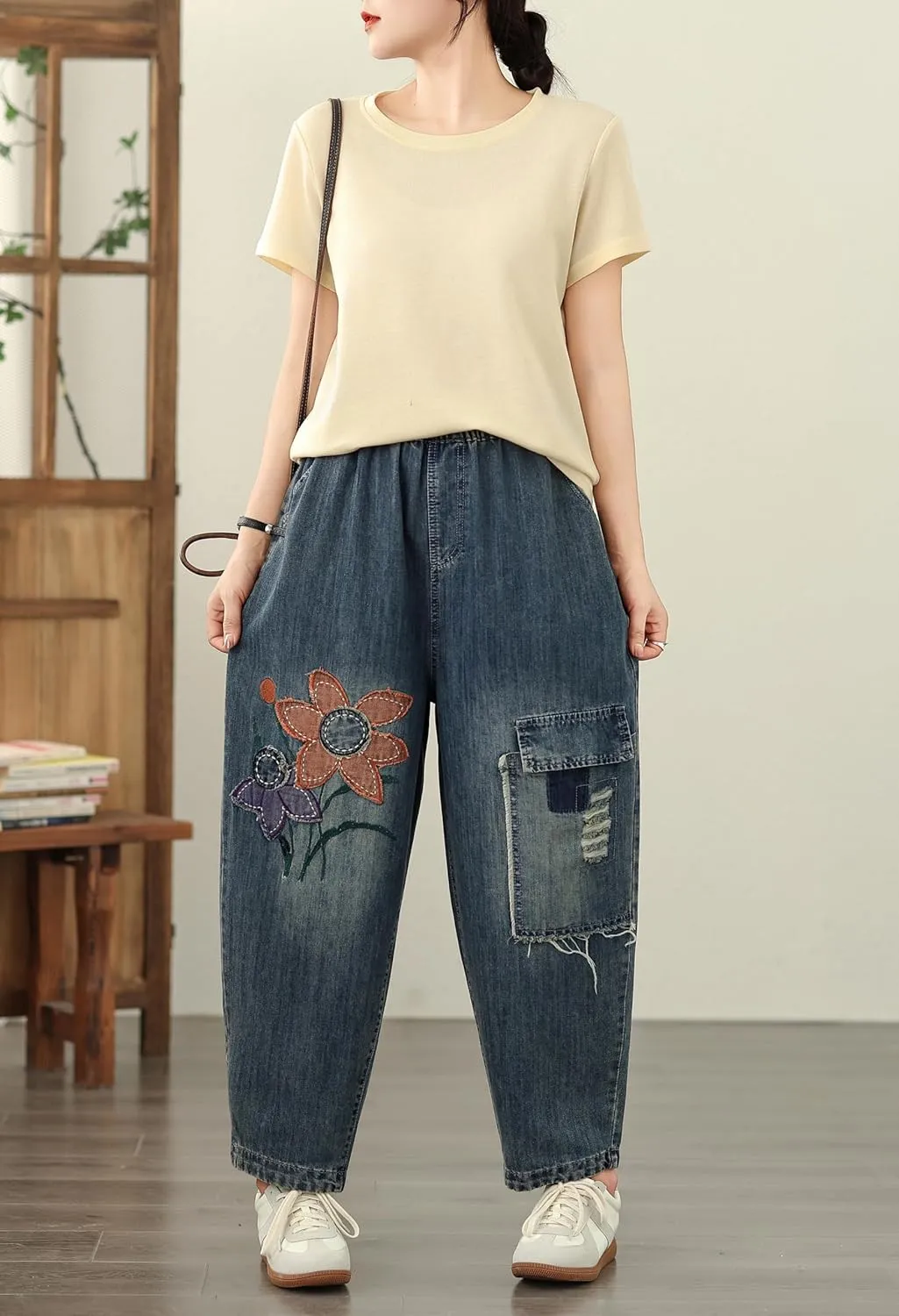 LAI MENG FIVE CATS Women Loose Jeans Denim Harem Pants with Elastic Waist with Pocket