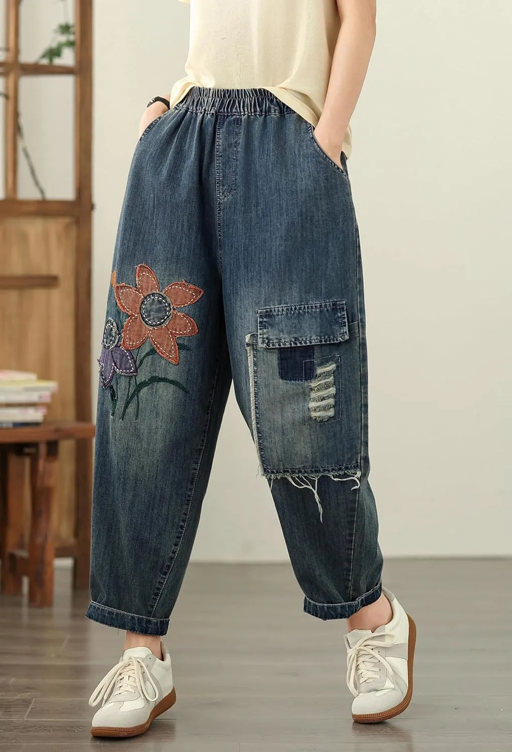 LAI MENG FIVE CATS Women Loose Jeans Denim Harem Pants with Elastic Waist with Pocket
