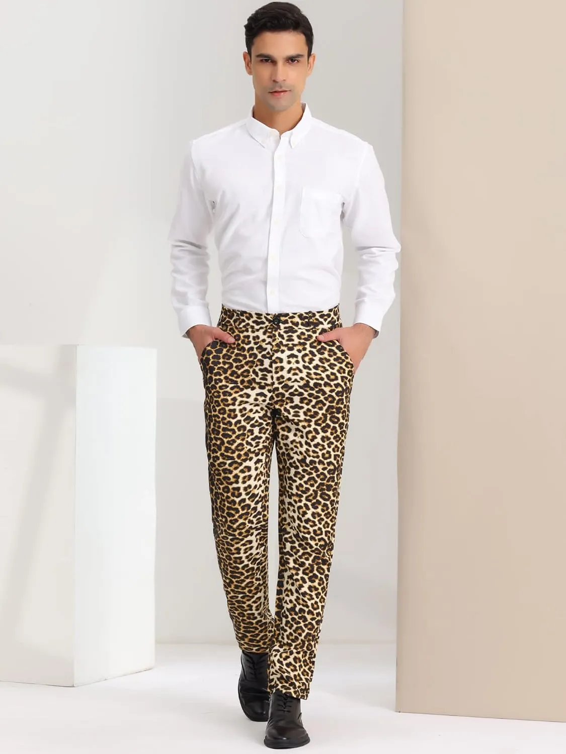 Lars Amadeus Men's Animal Printed Pants Flat Front Party Prom Dress Pants