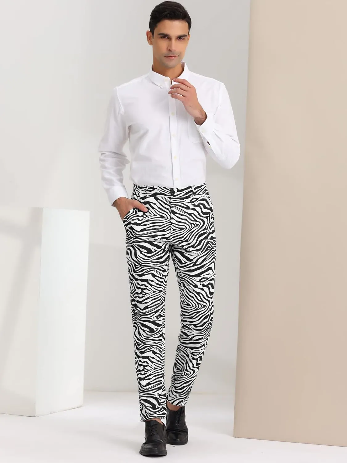 Lars Amadeus Men's Animal Printed Pants Flat Front Party Prom Dress Pants